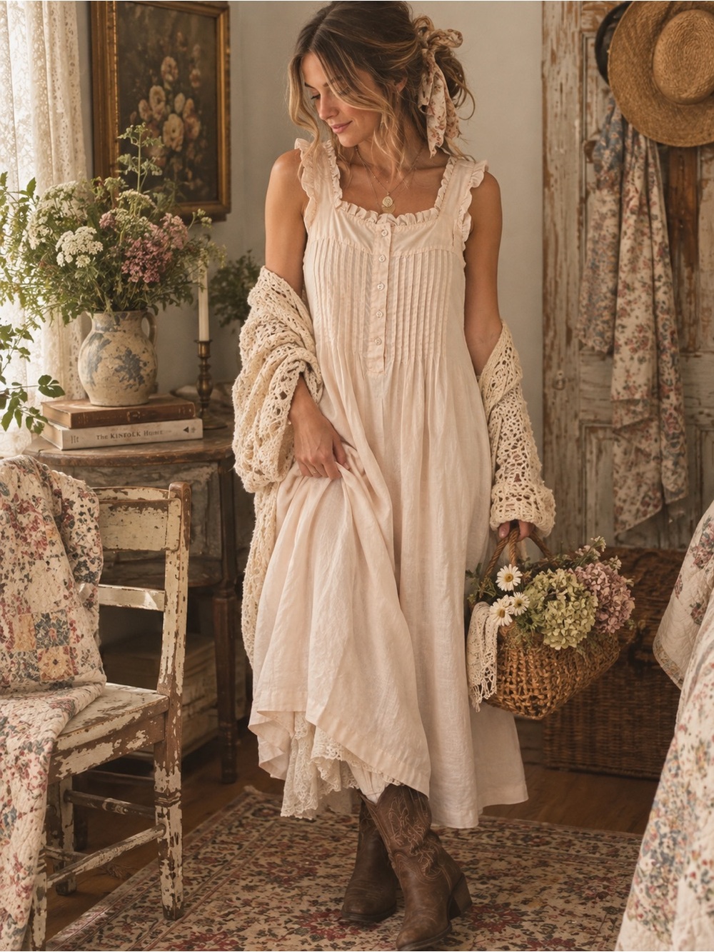 Vintage-Inspired Pale Pink/ Blush Sleeveless Midi Dress Nightgown Ruffle Straps